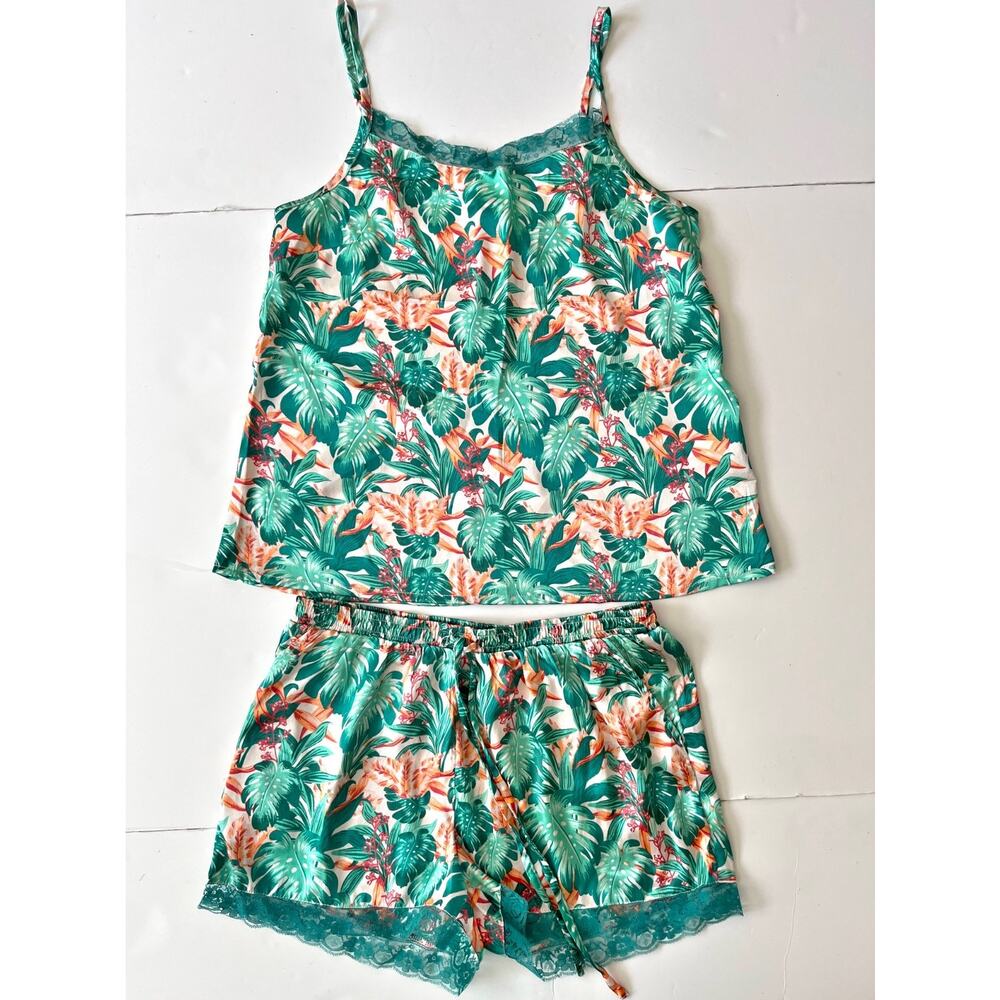 Tabitha Webb Sleepwear Cami Shorts Set PJ Women S Green Satin Tropical